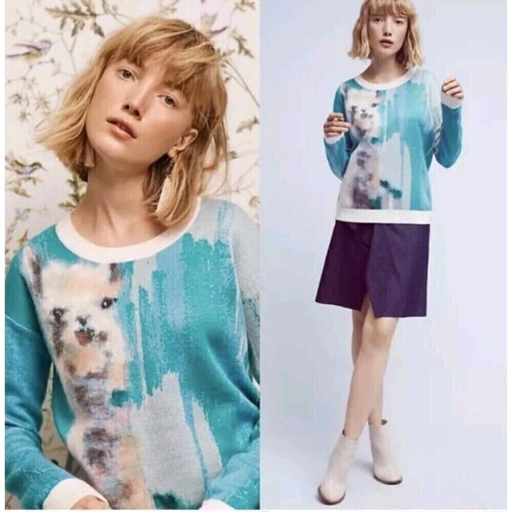 Anthropologie Lauren Walcott Llama Sweater Blue XS Wool